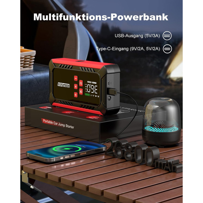 Портативний акумулятор для авто з компресором 150PSI, 7000A, 12V, 8L/10L (бензин/дизель), з запальничкою, LED-ліхтарик B195