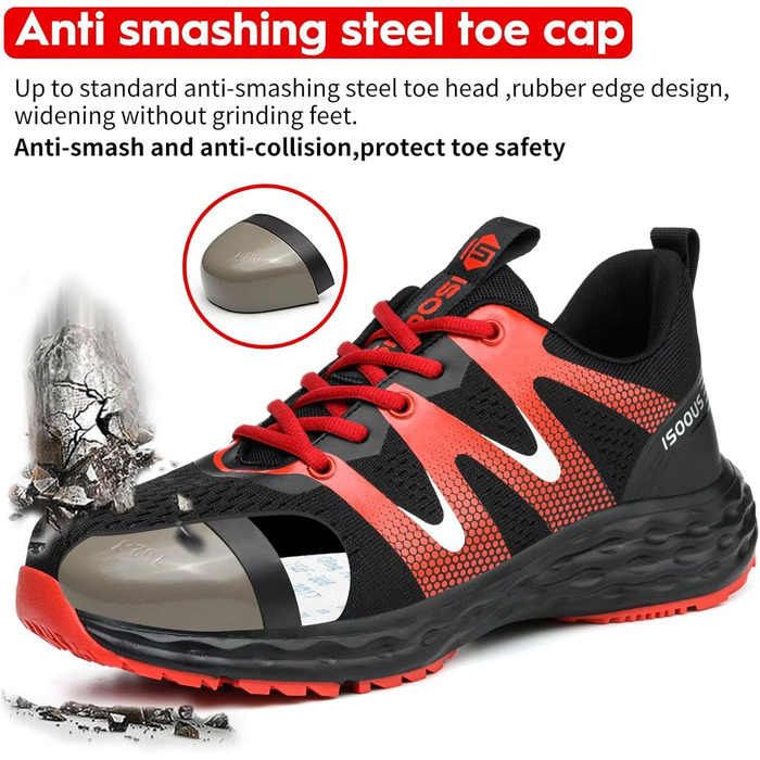 Черевики робочі ISOOUS для чоловіків та жінок, захисні черевики зі сталевим підноском, спортивні, червоні, антиковзаючі, дихаючі, 43 EU