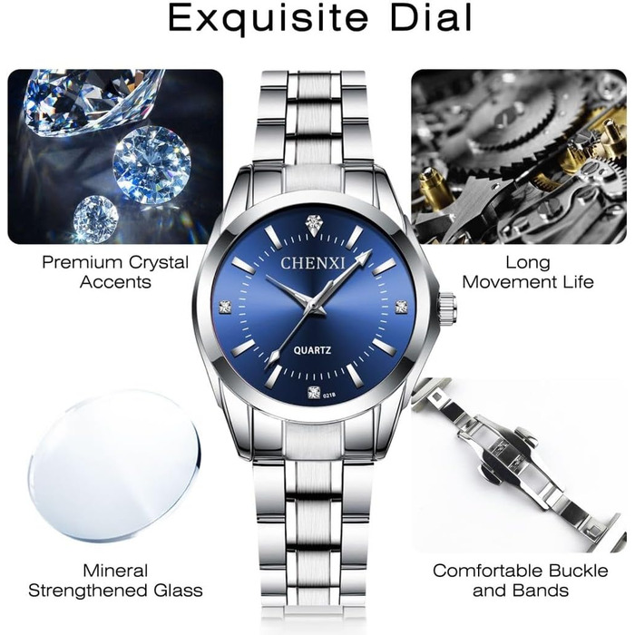 Жіночий аналоговий кварцовий годинник з нержавіючою сталею, 3 стрілки, корпус 27 мм (срібний, темно-синій)