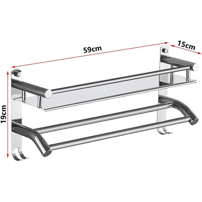 Тримач для рушників з полицею та гачками, хром, нержавіюча сталь, 59 см, для ванної кімнати, кухні, туалету