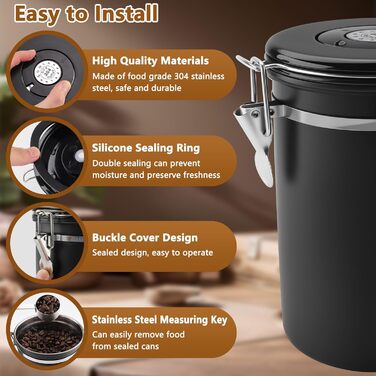 Герметичний контейнер для кави з нержавіючої сталі 304, 1,8 л, з ложкою та індикатором свіжості. Підходить для кави, чаю, горіхів, какао. Чорний колір.