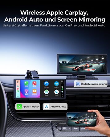 Krunia 8.1'' Бездротовий портативний CarPlay-екран 60FPS для Apple CarPlay та Android Auto з OTA-оновленнями, камерою заднього виду, Mirror Link, Bluetooth, голосовим керуванням та GPS-навігацією
