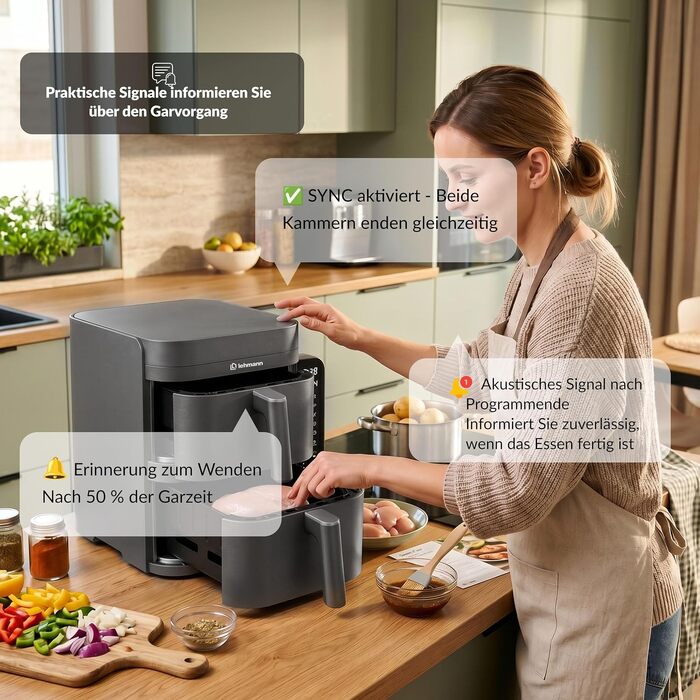 Аерофритюрниця з двома камерами LEHMANN XXL 12L, 2800 Вт, антипригарне покриття, 10 програм, без олії, сіра