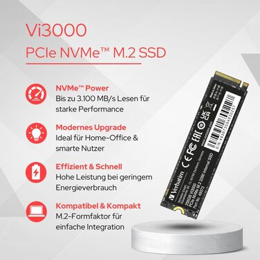 Verbatim Vi3000 NVMe SSD 1 TB: Швидкий M.2 SSD для ПК та ноутбука, PCIe Gen 3, 3.100 MB/s