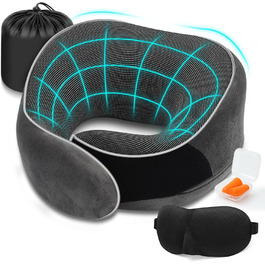 Подушка для шиї у літак, Memory Foam, для дорослих, ергономічна підтримка шиї з 3D-маскою для сну, навушниками, сумкою - ідеальна для літака, авто, дому, офісу, подушка для сну (Сірий)