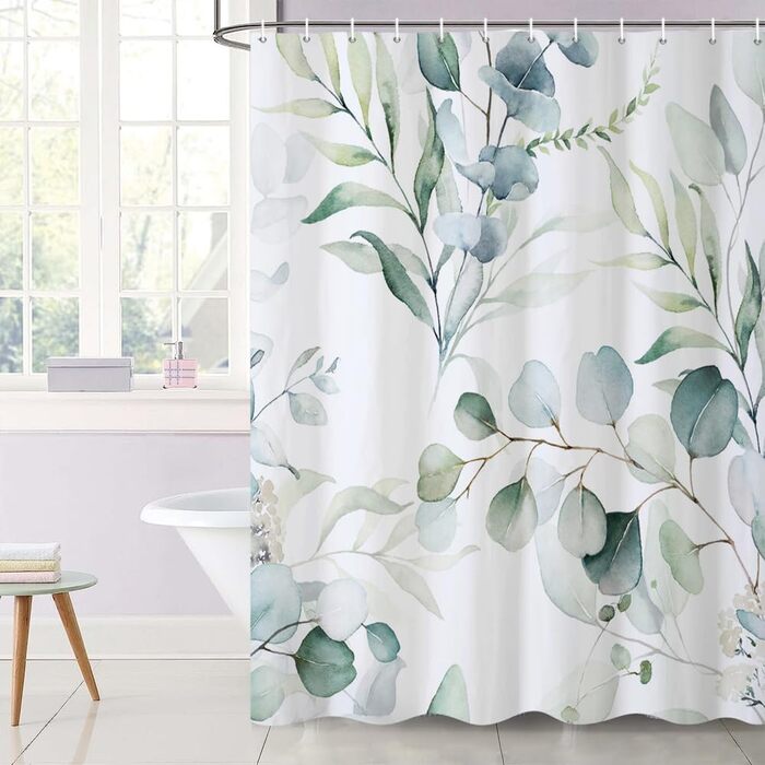Штора для душу 120x200 см з евкаліптом, зелені листя, акварель, анти-грибок, водонепроникна, поліестер, з гачками для ванної кімнати