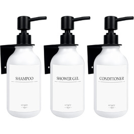 Набір диспенсерів для мила, шампуню та гелю для миття: 3 шт., 500 мл, без свердління, настінний монтаж, етикетки в комплекті, янтарний колір (чорна пляшка + біла помпа)