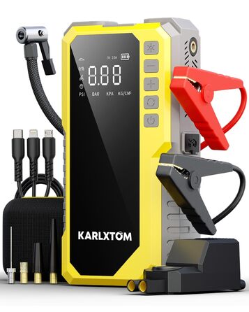 Powerbank для авто Karlxtom з компресором 190PSI, 88Wh, 4500A, LED-ліхтар, LCD-дисплей, для бензинових та дизельних двигунів (до 10L)
