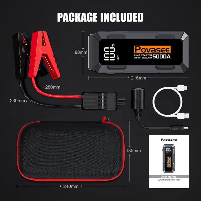 Powerbank Starthilfe Povasee UltraSafe для автомобіля 12V: Jump Starter з LED, 5000A, 2 USB-виходи (до 10л бензину/8л дизеля)