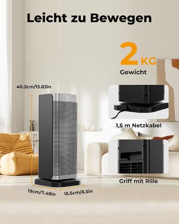 Керамічний електричний обігрівач повітря 2000W з дистанційним керуванням, ECO-режимом, таймером на 12г та поворотом 70°, сріблястий