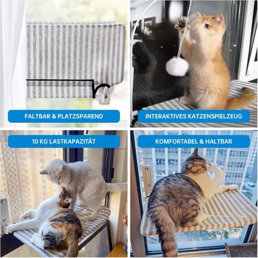 Кігтеточка-ліжко для котів на вікно, гамак з міцними присосками до 18 кг, знімний та перевертаний чохол, складана та стабільна (смужки, L)