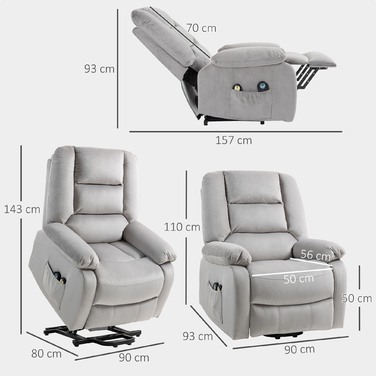 HOMCOM Power Lift Recliner Chair with Power Lift, TV Recliner with Vibration Massage, Reclining Function, Massage Chair with Heat, Footrest, Side Pocket, Timer, Light Grey | Aosom