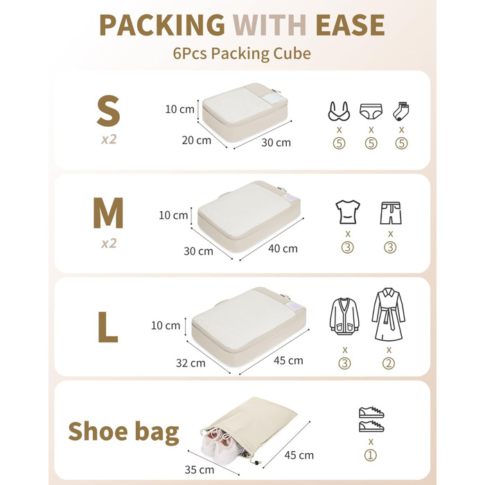 ECOHUB Luggage Organizer Set, 6-Piece Packing Cubes with ID Tag, Recycled Packing Cubes for Travel, Lightweight Packing Bags for Suitcases, Breathable Travel Backpack Organizer, Patent Pending (Beige)