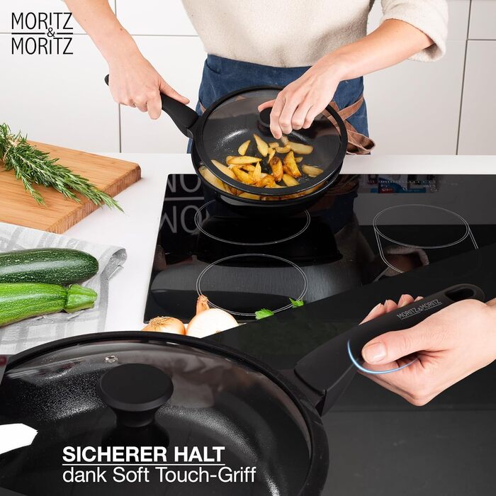 Сковорода Moritz & Moritz 26 см з кришкою, чорна, з антипригарним покриттям та Soft-Touch ручкою - для смаження, тушкування та приготування на пару. Підходить для всіх типів плит.