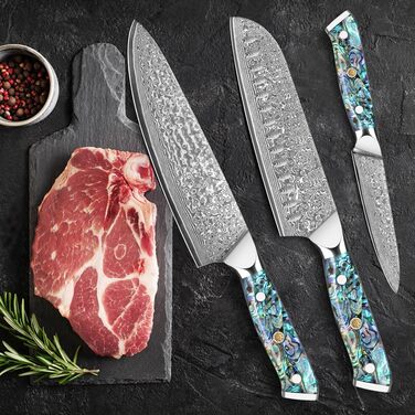 Набір кухонних ножів Damast Santoku 3 шт. з лезом 18 см (VG-10 сталь, ручка Abalone), подарункова коробка