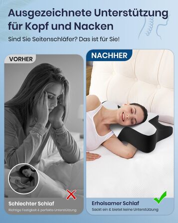 Подушка для шиї DONAMA для сну, ергономічна подушка для тих, хто спить на боці, спині та животі з знімним та пральним чохлом (Чорно-біла, 66x37x13 см)