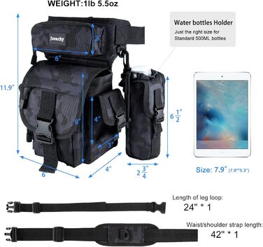 Тактична набедрена сумка Jueachy, водонепроникна, для мотоциклів, риболовлі, кемпінгу (чорний камуфляж)