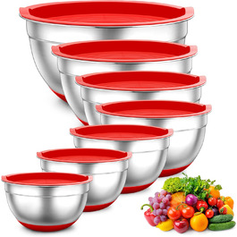 TEAMFAR Mixing Bowl Set, 7-Piece Stainless Steel Bowl Salad Bowl Set with Airtight Lids and Silicone Bottom, Nesting & Dishwasher Safe, 0.7L / 1.2L / 1.5L / 2.5L / 2.8L / 3.5L / 6.5L, red