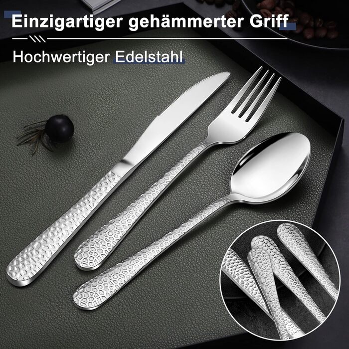 Набір столових приборів HaWare, 72 шт. з нержавіючої сталі (12 осіб), з ножем, виделкою, ложкою, сучасна ручка 'молоток', для дому/вечірки/готелю/ресторану, блискучий, придатний для миття в посудомийній машині. Включає ніж для стейку.