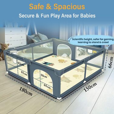 Дитячий манеж Laufstall 180x150 см з матрацом, 50 кульками, 4 ручками, блискавкою, кошиком і дихаючою сіткою, великий ігровий манеж для дітей з сумкою для зберігання, темно-сірий