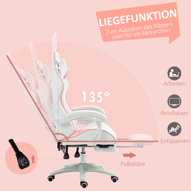 Vinsetto Gaming Chair Ergonomic Gamer Chair with Lumbar Support, Footrest, Gaming Recliner with Bunny Ears, Head Pillow, Height Adjustable Office Chair with Adjustable Recline Function Pink | Aosom
