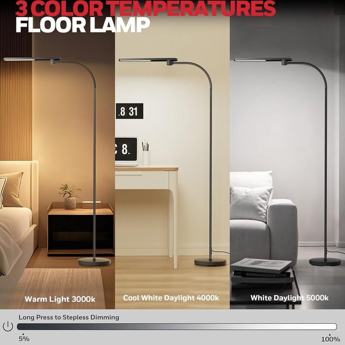 LED торшер Honeywell F4 Sunturalux™ з регулюванням яскравості, гнучкий гніздовий кріплення, сучасний дизайн для комфортного читання у вітальні, спальні, офісі (чорний)