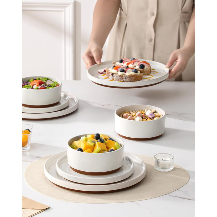 Набір посуду MALACASA з каменю (18 предметів) для 6 осіб, керамічний сервіз з глазур'ю 'сезам', білий з коричневим дном, набір тарілок та мисок