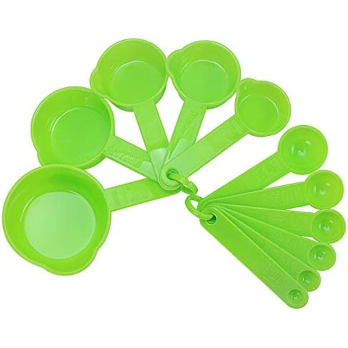 Measuring cup and spoon set, 11-piece plastic measuring cup and spoon set for dry and liquid ingredients, 5 measuring cups and 6 measuring spoon set for kids for cooking and baking, color: Green