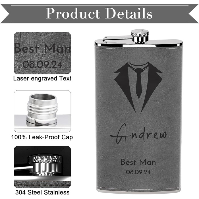 Фляга з гравіюванням гір, сталевий флакон 237мл/8oz, персоналізований подарунок для чоловіків, кемпінгу, туризму (сірий)