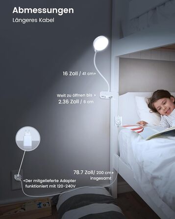 Glocusent 5W LED Лампа для читання на ліжко, кліпса, 3 кольори/5 рівнів яскравості, гнучкий тримач, CRI 90, USB зарядка (біла)