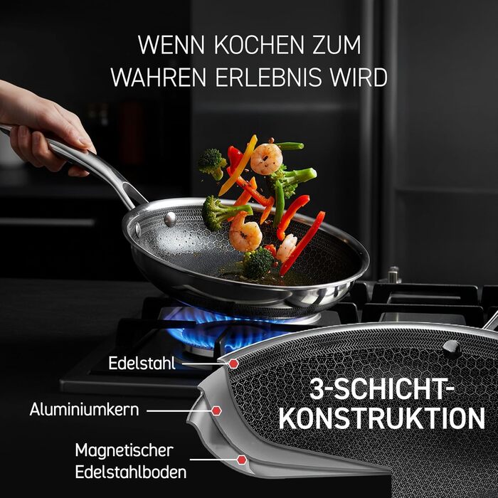 Сковорода HexClad Hybrid Ø 20 см – нержавіюча сталь з сотовою структурою, антипригарне покриття, для всіх плит (індукція), безпечна в духовці та посудомийній машині