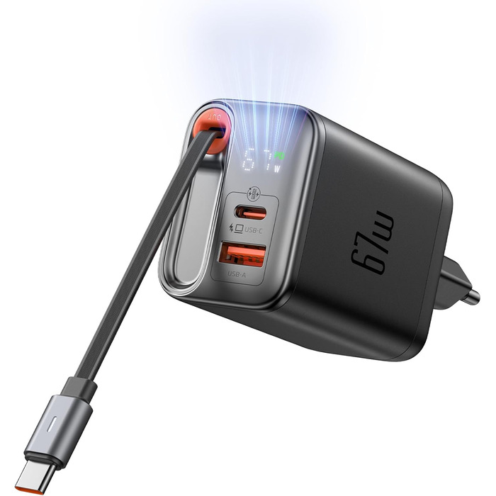 Мсдодо зарядний пристрій USB-C 67W з висувним кабелем, мережевий адаптер, швидка зарядка GaN, 3 порти, LED дисплей, чорний
