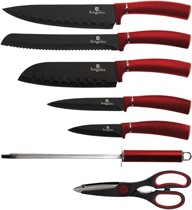 Набір кухонних ножів BerlingerHaus Burgundy 8 предметів, нержавіюча сталь, антипригарне покриття, тримач з акрилу, ніж кухарський, ніж для цибулі, ніж Сантоку, точилка, ножиці, металевий дизайн, червоний