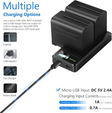 Зарядний пристрій NEEWER Dual USB з 2 акумуляторами 6600mAh NP-F970 та швидкою зарядкою для Sony NP-F970/F960/F950/F770/F750/F570/F550, Handycam, LED-ліхтарі, моторизовані слайдери NW-F970 DQ-F970