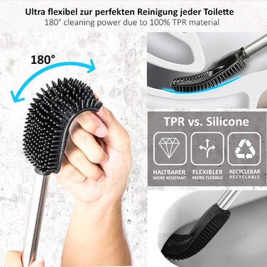 Силіконова щітка для унітазу 3-в-1 з тримачем та кріпленням на стіну, довга ручка з нержавіючої сталі, гігієнічна з ламелями та скребком - набір для ванної кімнати та гостьового туалету, нержавіюча сталь, срібло
