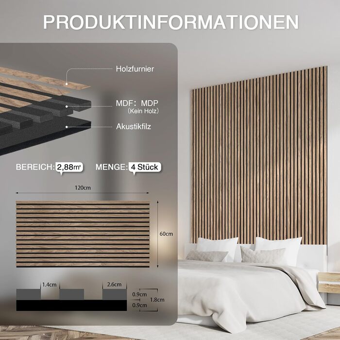 Акустичні панелі дерев'яні Holz 120x60 см, набір 4 шт (2,88 м²) 3D, шпон та повсть для студії, вітальні, офісу - Walnuss #4