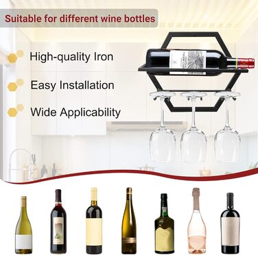 Metal Wall Mounted Wine Holder Stemware Glass Rack, 2Pcs Hanging Glass Wine Rack Wall Mount Red Wine Rack Organizer with 3 Stem Glass Holders for Home Kitchen Bar Display Decor (AA)