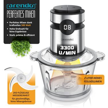 Електричний подрібнювач Arendo з нержавіючої сталі, 500 Вт, об'єм 2 л, для м'яса, горіхів, фруктів, овочів та іншого