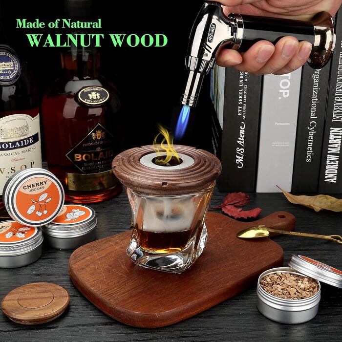 Dad's Gift Christmas, Cocktail Smoker Kit, Whiskey Stones, Torch Lighter, Old Fashioned Whiskey Smoker Drinks Kit, Cocktail Accessories for Drinks, Bourbon Walnut (Butane Not Included)