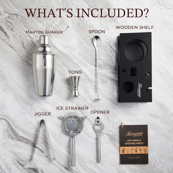 Набір бармена KITESSENSU 6 предметів: шейкер, мірні склянки, сито, щипці, відкривачка – сріблястий барний аксесуар для приготування коктейлів