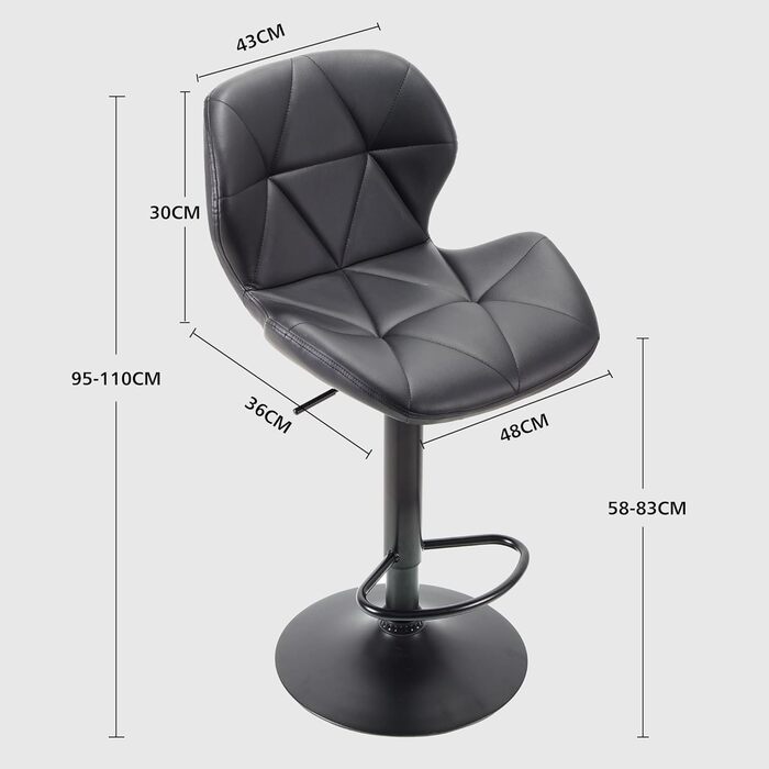 WangPangzi Adjustable Bar Stools 2-Pack with Backrest - Padded Leatherette Kitchen Bar Chairs with Footrest for Counter Height, Restaurants, Hotels & Bars (Black)
