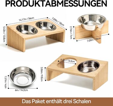 Підвищені годівниці для котів та собак KIRIGEN - дерев'яна станція для годування з 3 знімними мисками з нержавіючої сталі, годівниця для котів та дрібних тварин, натуральний колір