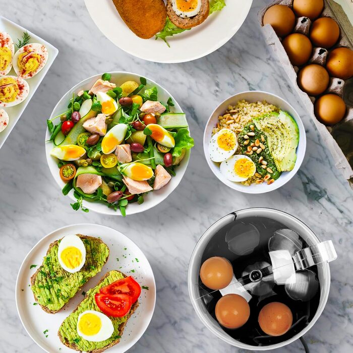 Електричний яйцеварка Duronic EB27 WE: 1-7 яєць, регулювання ступеня готовності, таймер, захист від перегріву, мірна склянка та ложка для яєць