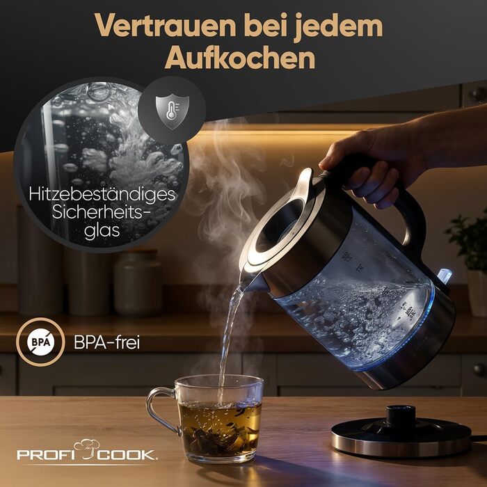 Скляний електрочайник ProfiCook PC WKS 1322, 1.7л, 2200Вт, з підсвіткою та корпусом із темної нержавіючої сталі Dark-inox