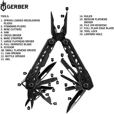 Gerber Multi-Tool with Nylon Sheath and 17 Functions, Truss Multi-Tool, Black, 30-001780