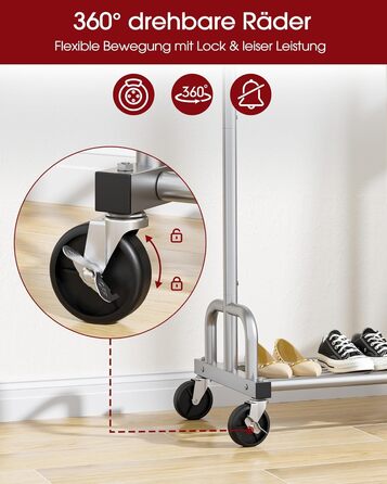 Вешалка для одягу на колесах, з полицею та широкою перекладиною, 116 x 43 x 150 см, сріблястого кольору