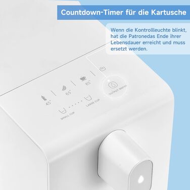 Hot water dispenser, instant water dispenser, filtered and heated water dispenser. Includes 3 filter cartridges. Filters water to reduce limescale, chlorine, lead, and copper in tap water.