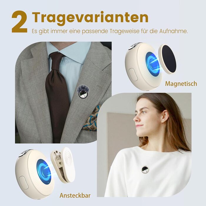 Мікрофон 2-в-1 для iPhone та Android з шумозаглушенням, кейс на 40 годин, магнітна застібка та кріплення для інтерв'ю, 25 метрів (Бежевий)