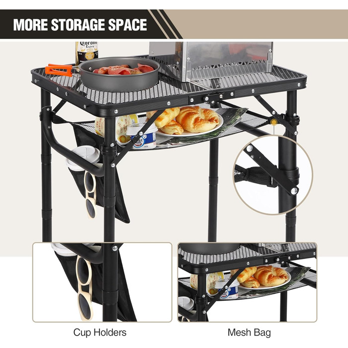 Складний стіл для кемпінгу REDCAMP 60x40 см для пікніка, BBQ, приготування їжі - легкий, алюмінієвий, з регульованими ніжками, чорний