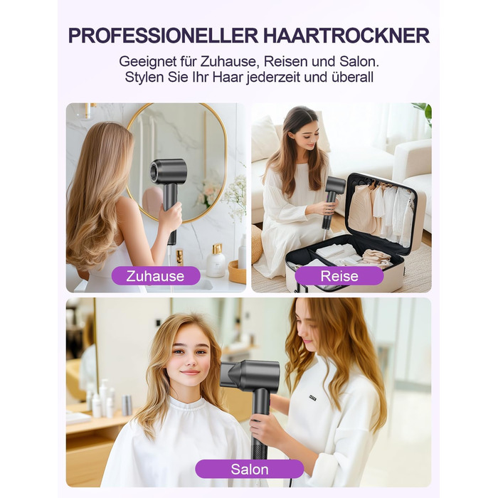 Іонний фен DMTIVMG з потужним мотором 150 000 об/хв, 200 млн негативних іонів, 4 температурні режими, 3 швидкості, швидке сушіння, магнітне сопло, тихий